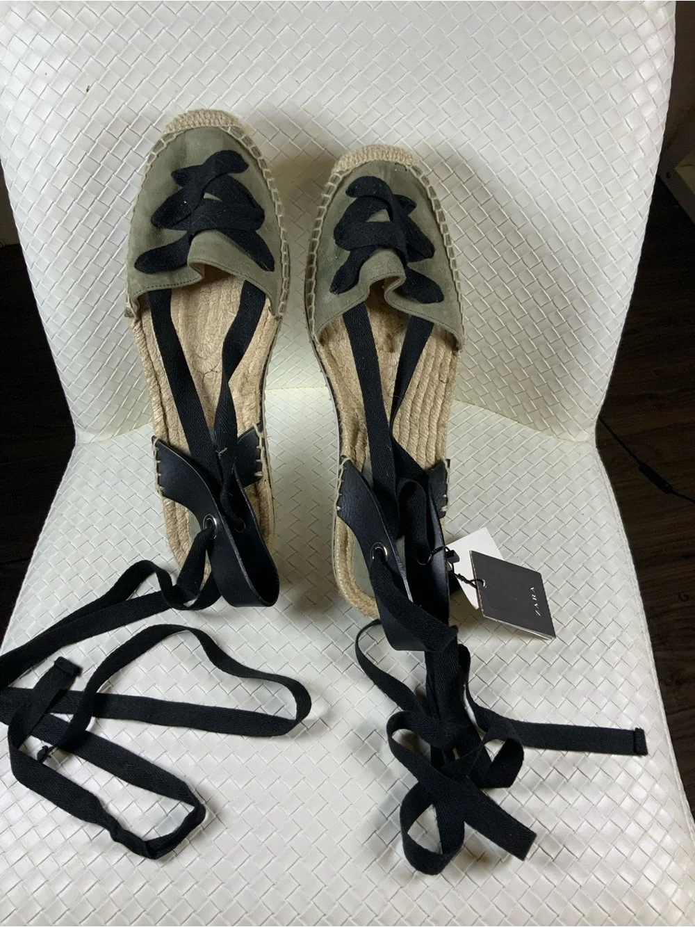 Zara Olive Espadrille Lace-Up Flats with Black Ribbons